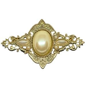 1928 Gold Tone Faux Pearl Victorian Style Brooch Pin Vintage
